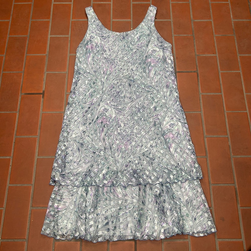 Vtg Saks Fifth Ave. Marbled Feather Print Tiered Ruffle Y2k Dress Purple Green
